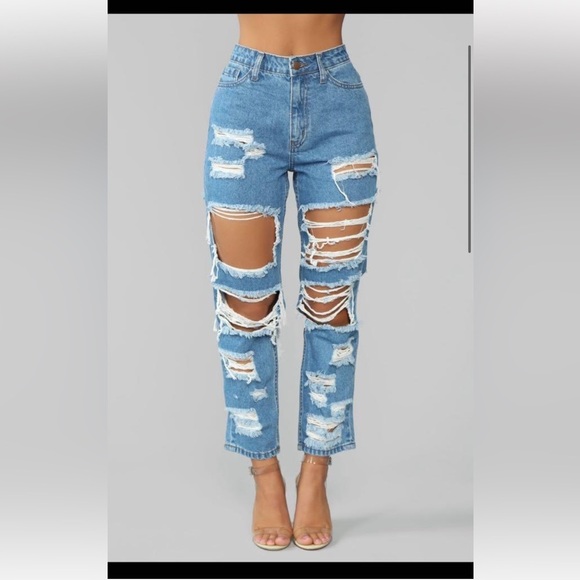 Fashion Nova Destroyed Distressed High Rise Boyfriend Denim Jeans. Sz 11 - Picture 2 of 13